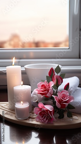 Romantic bath time, with roses and candles.