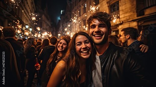 Happy young couple celebrating New Year's Eve at night in the city