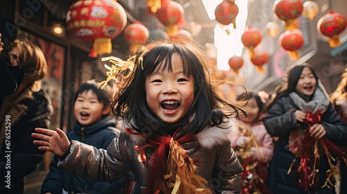 Happy girl celebrating Chinese new year on the city street.