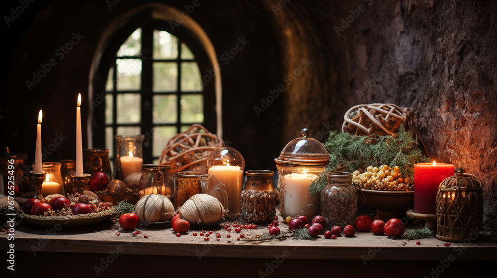 Christmas Midnight Mass: A magical scene of a Christmas Midnight Mass, with candles, ornaments, and the nativity scene creating a festive atmosphere Christmas Midnight Mass: A magical scene of a Christmas Midnight Mass, with candles, ornaments, and the nativity scene creating a festive atmosphere
