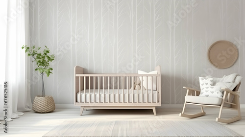 Minimalist baby's room with plant and textiles, Scandinavian interior design