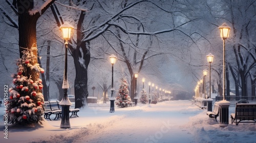 Night street in the snow. Lantern lights. © Yahor Shylau 