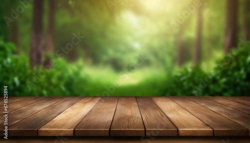Wood desk top with nature green blur background. Empty plank wooden table for your products #676525894