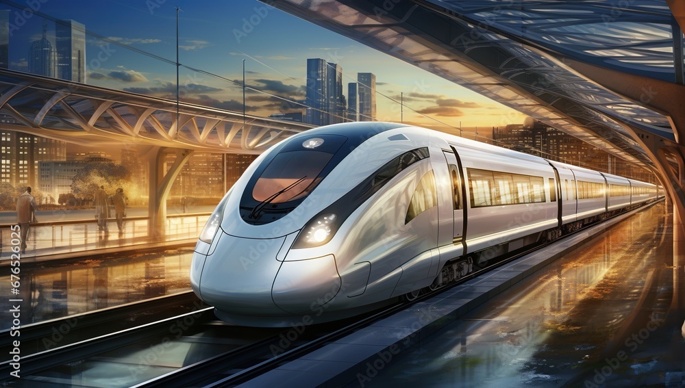 A modern high-speed train stops at a station with a view of city buildings at sunset, reflection of surrounding architecture is visible on the station's shiny floor. A modern high-speed train stops at a station with a view of city buildings at sunset, reflection of surrounding architecture is visible on the station's shiny floor.
