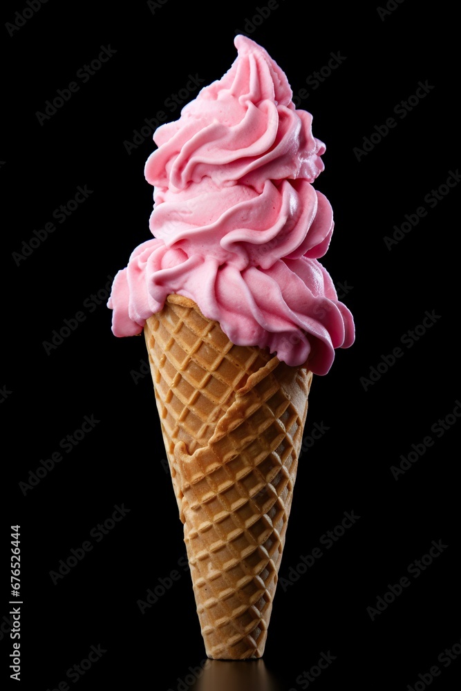 Soft pink ice cream in a waffle cone against a black background. Soft pink ice cream in a waffle cone against a black background.