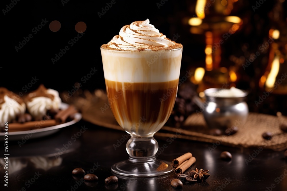 Cappuccino with whipped cream sprinkled with cocoa in a glass cup, with coffee beans and cinnamon on the table.