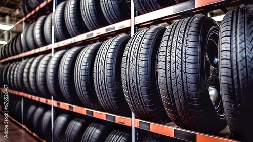 Car tires stacked in a car shop. Automotive industry