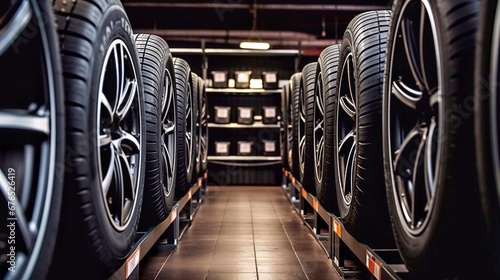 Rows of new car tires in auto repair shop. Auto service