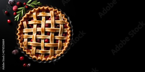 A cranberry pie with a lattice crust on a black background, in a flat lay, overhead shot with copy space, banner