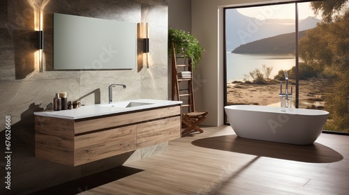 a sleek  wall-mounted bathroom vanity with integrated sinks and storage drawers.