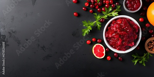 A bowl of cranberry sauce next to cranberries and citrus fruits, a banner, copy space, black background photo