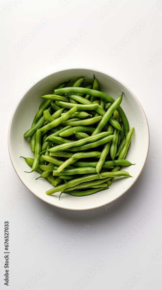 A Bowl of Fresh Green Beans on a Clean White Background, Vertical Image