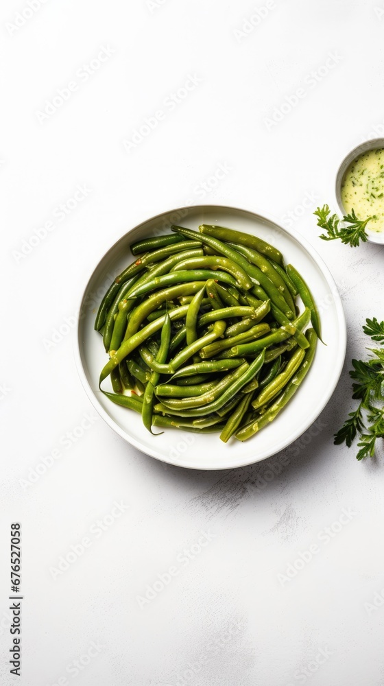 Obraz premium A Bowl of Fresh Green Beans on a Clean White Background, Vertical Image