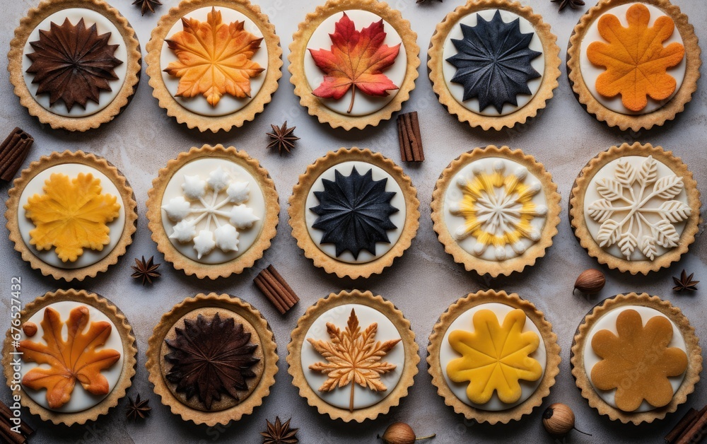 Tarts, set against the backdrop of a serene autumnal setting, featuring fallen leaves and rustic elements Tarts, set against the backdrop of a serene autumnal setting, featuring fallen leaves and rustic elements