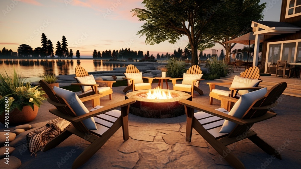 an image of a coastal-style outdoor lounge set with Adirondack chairs and a fire pit.