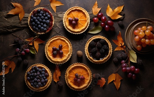 Tarts  set against the backdrop of a serene autumnal setting  featuring fallen leaves and rustic elements
