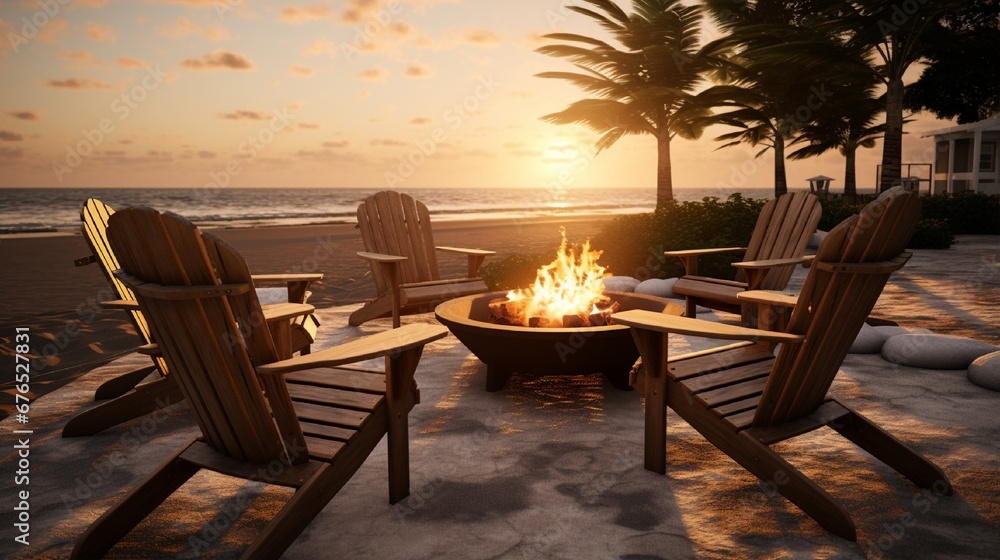 an image of a coastal-style outdoor lounge set with Adirondack chairs and a fire pit.