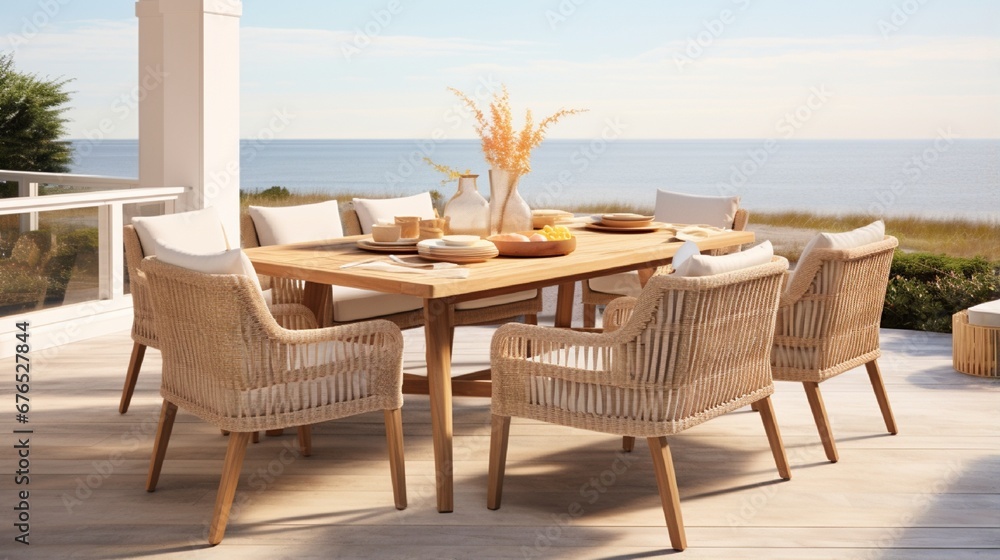 Fototapeta premium an image of a coastal-style outdoor dining set with wicker chairs and a teak table.