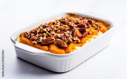 A casserole dish filled with sweet potatoes and pecans