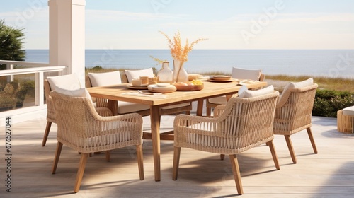 an image of a coastal-style outdoor dining set with wicker chairs and a teak table. © MistoGraphy