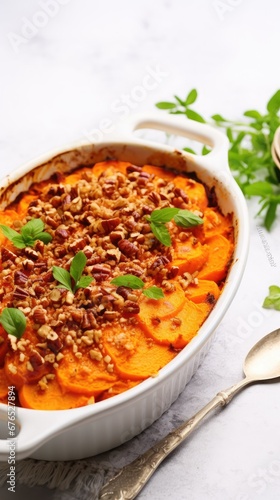 A casserole dish filled with sweet potatoes and pecans