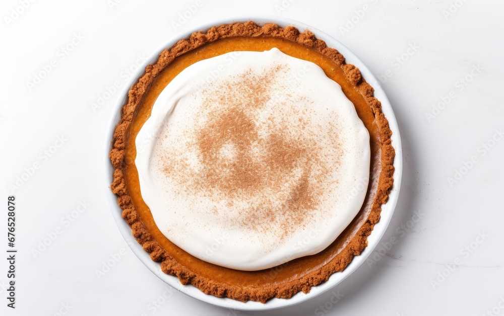 A Flat Lay Photo of a Pumpkin Pie with a Dollop of Whipped Cream on Top	