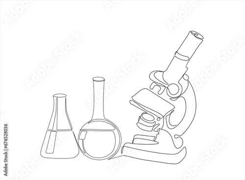 Continuous one line drawing of microscope and laboratory glassware. Microscope line art vector illustration. Research and science , microbiology concept. 