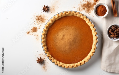 A Flat Lay Photo of a Pumpkin Pie on a White Background 