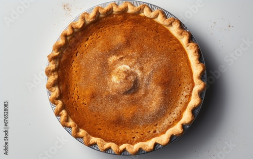 A Flat Lay Photo of a Pumpkin Pie on a White Background 