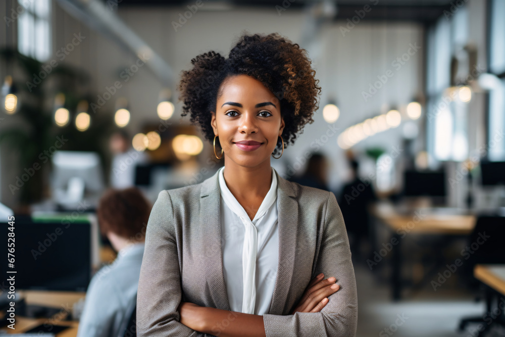 Portrait of a black confident businesswoman, female employee or business owner in her workspace Portrait of a black confident businesswoman, female employee or business owner in her workspace