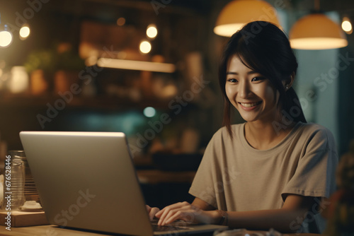 Young asian woman working at her laptop in a cafe