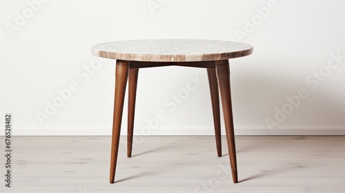 an image of a mid-century modern side table with a marble top and tapered legs.