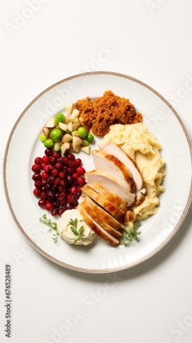 A Thanksgiving dinner plate, featuring all the traditional favorites - turkey, stuffing, mashed potatoes, and cranberry sauce on a white background, in a flat lay, overhead shot with copy space