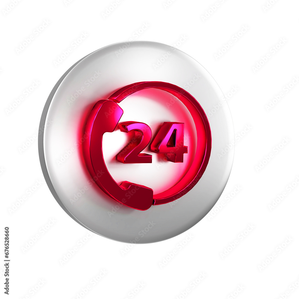Red Telephone 24 hours support icon isolated on transparent background. All-day customer support call-center. Full time call services. Silver circle button.