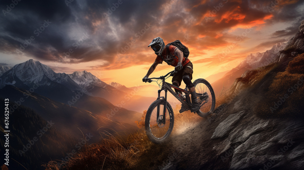 Man on mountain bike against sundown sky on a mountainous area Man on mountain bike against sundown sky on a mountainous area