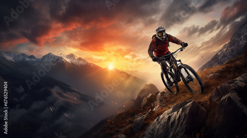 Man on mountain bike against sundown sky, mountainous area.