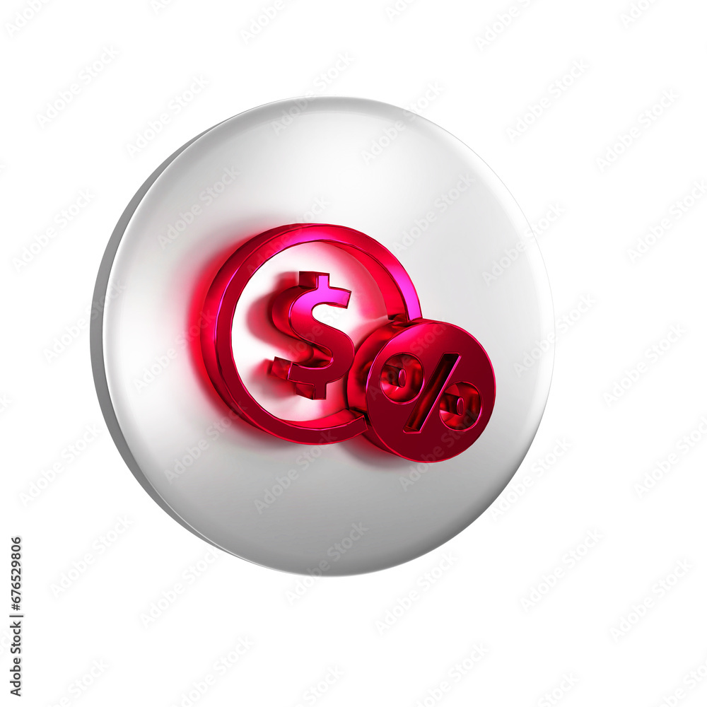 Red Money coin with percent icon isolated on transparent background. Cash Banking currency sign. Silver circle button. Red Money coin with percent icon isolated on transparent background. Cash Banking currency sign. Silver circle button.