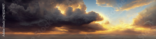 An awe-inspiring cloudscape with storm clouds and dramatic lighting, perfect for illustrating the beauty of nature, meteorological presentations, and climate-related articles. © Quardia Inc.