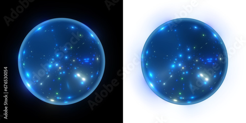 Luminous blue sphere with tiny star-like specks on a black and transparent alpha backdrop. 3D render photo