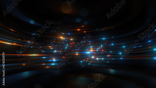 Foto Streaks of light zoom through a dark, expansive backdrop