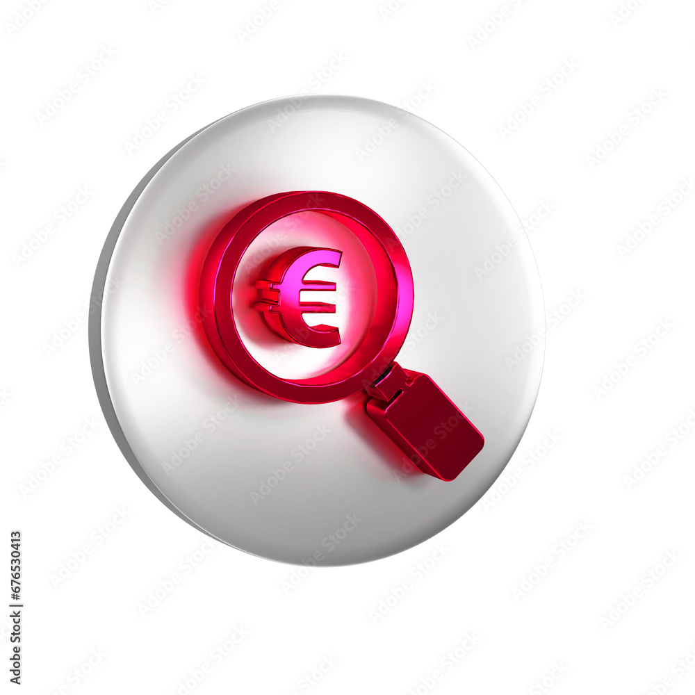 Red Magnifying glass and euro symbol icon isolated on transparent background. Find money. Looking for money. Silver circle button. Red Magnifying glass and euro symbol icon isolated on transparent background. Find money. Looking for money. Silver circle button.