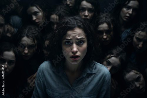 Woman in a dark space and a fearful expression, surrounded by faces and voices, depicting the concept of fear, anxiety, bad memories, or schizophrenia