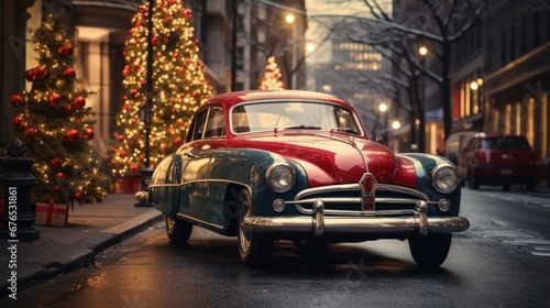 A retro car with a Christmas tree on top is driving down the street