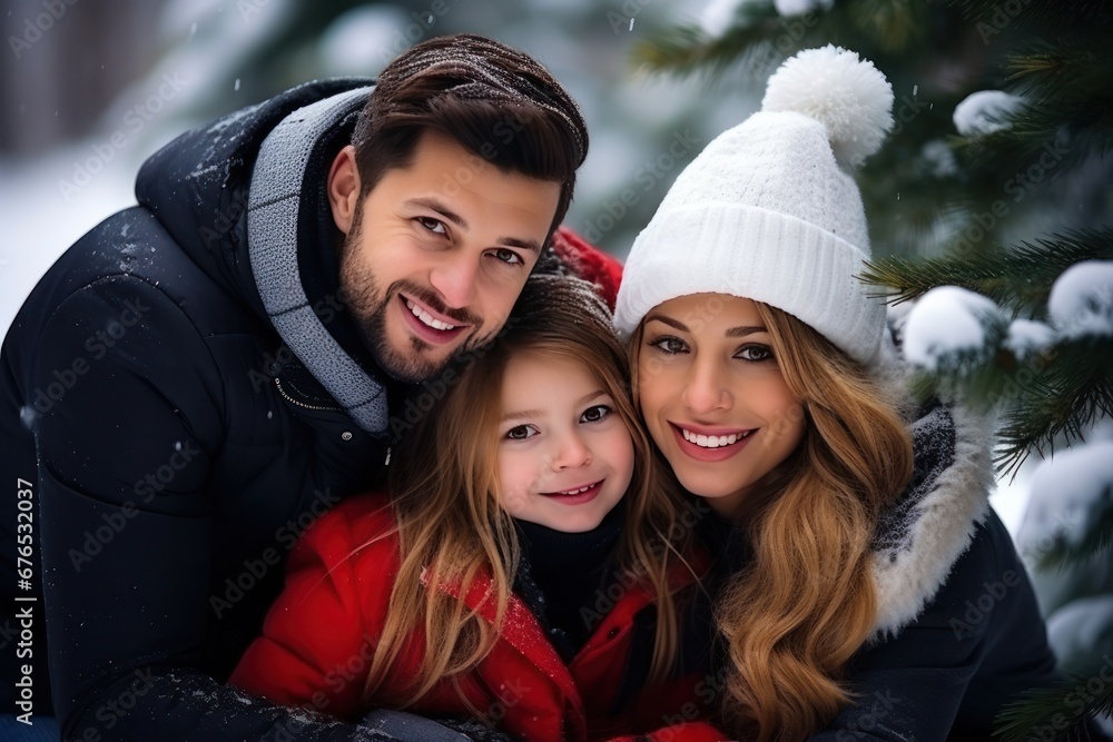 happy family plays together outside. winter christmas happy family plays together outside. winter christmas
