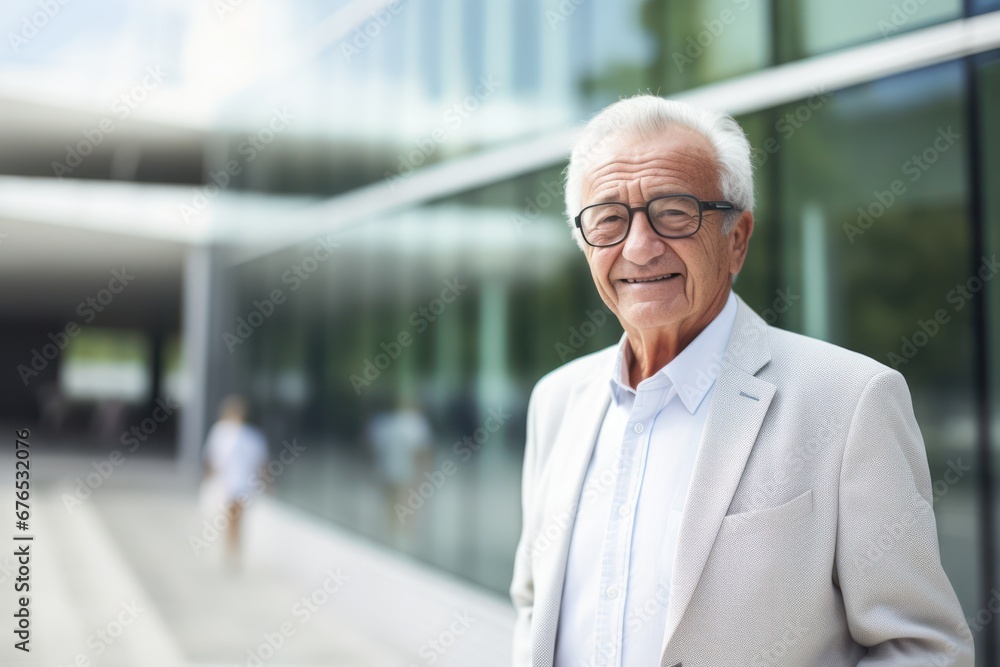 Happy smiling grandfather standing near the building and looking away. Confident smiling confident professional businessman leader in suit Happy smiling grandfather standing near the building and looking away. Confident smiling confident professional businessman leader in suit