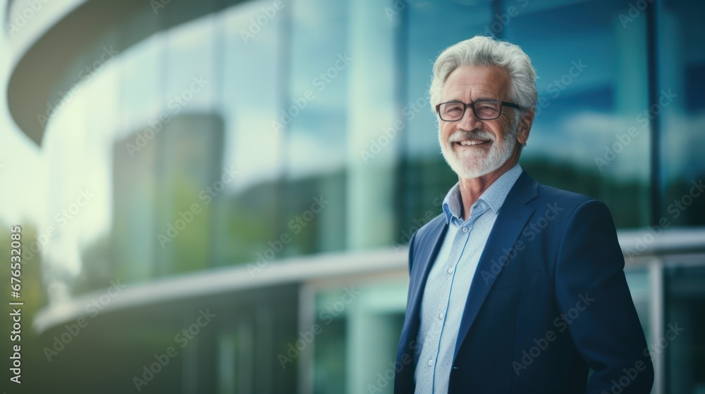 Happy smiling grandfather standing near the building and looking away. Confident smiling confident professional businessman leader in suit
