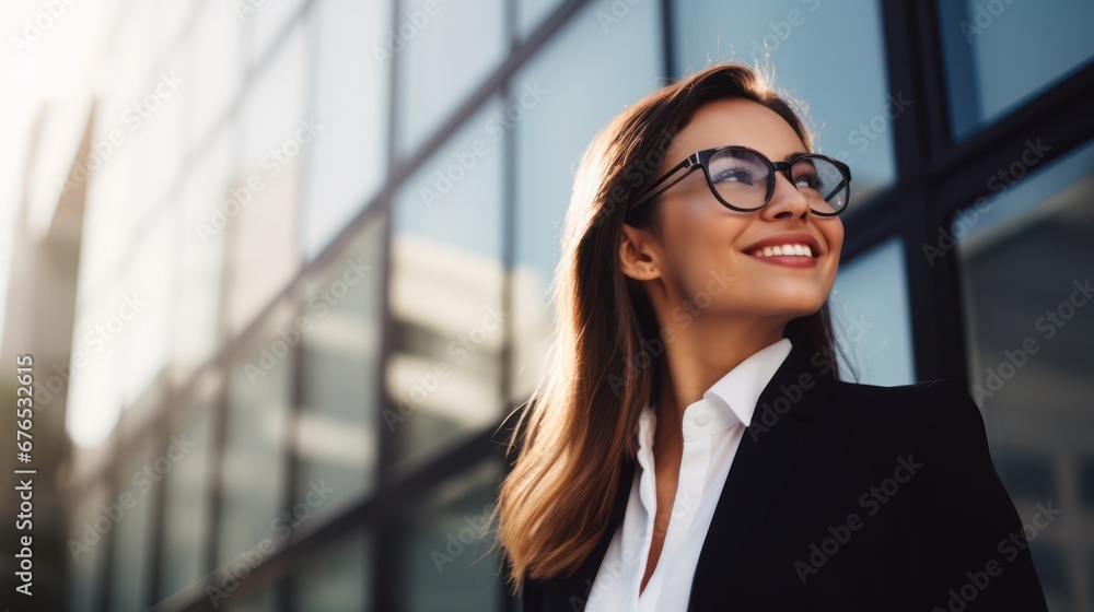 Happy young business woman standing in city looking away. Confident smiling confident professional businesswoman leader wearing suit Happy young business woman standing in city looking away. Confident smiling confident professional businesswoman leader wearing suit