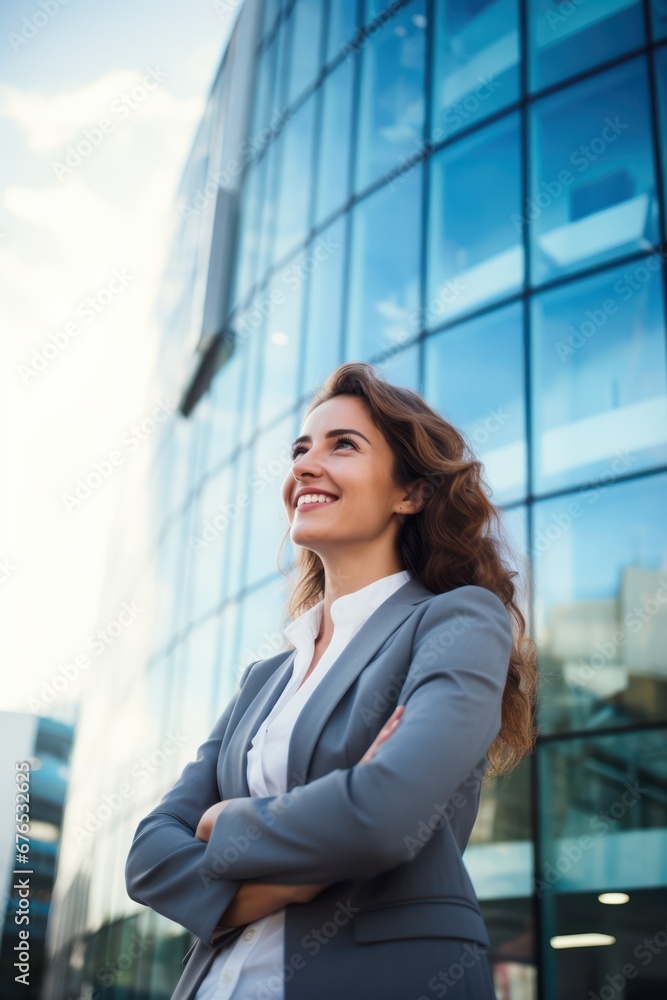Happy young business woman standing in city looking away. Confident smiling confident professional businesswoman leader wearing suit