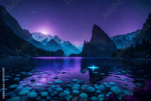 bioluminescent floating purple mountains 