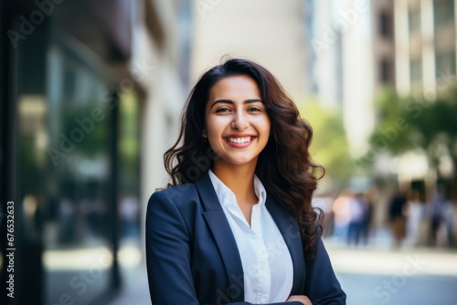 Happy young business woman standing in city looking away. Confident smiling confident professional businesswoman leader wearing suit